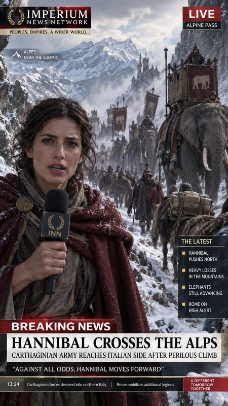 Satirical live news graphic: reporter covers Hannibal's Carthaginian army marching through a snowy Alpine pass with war