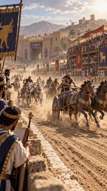 Dynamic ancient chariot race kicking up dust, watched by crowds outside a stone Mesopotamian fort...