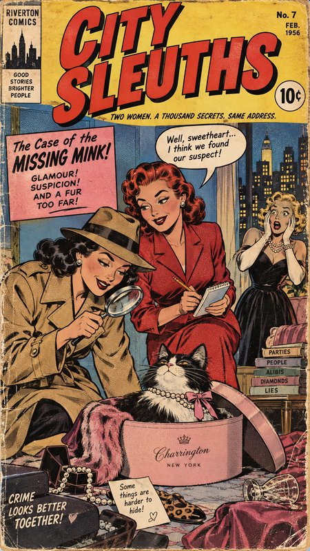 Vintage 1956 City Sleuths pulp comic cover, female detectives identifying a tuxedo cat as a missi...