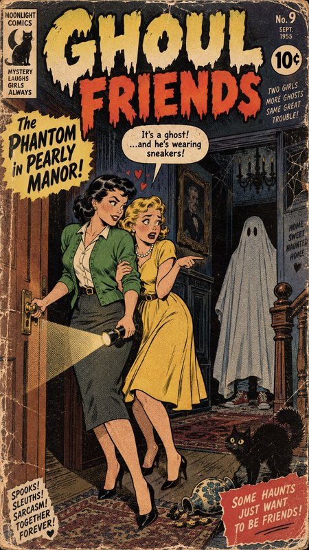 Vintage 1955 Ghoul Friends comic cover of two women spotting a silly sheet ghost wearing sneakers inside a haunted manor.