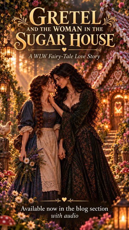 Cover art for Gretel and the Woman in the Sugar House, two tender sapphic women standing before a...
