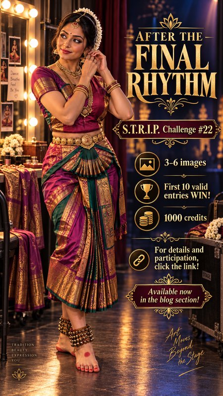 Promo graphic of a Bharatanatyam dancer in traditional silk costume backstage, advertising a crea...