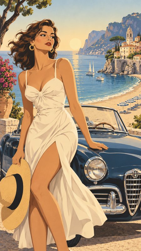 Glamorous woman in white sundress leaning on vintage convertible overlooking sunlit Mediterranean coastal beach