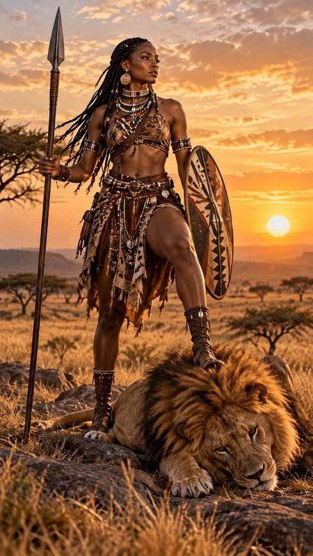 Powerful Black tribal warrior holds spear and shield, resting a foot on a male lion on the savann...