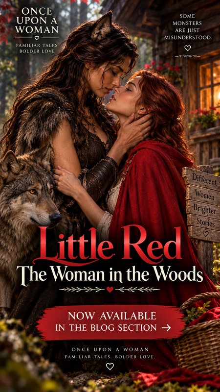 Sapphic Little Red Riding Hood retelling book cover, featuring a tender embracing queer werewolf ...
