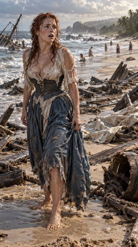 Wet red-haired shipwreck survivor in tattered period dress walks barefoot on debris-strewn tropical beach after a