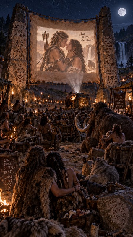 Surreal Stone Age drive-in theater scene, prehistoric audience watching a caveman romance film under a full moon night sky.