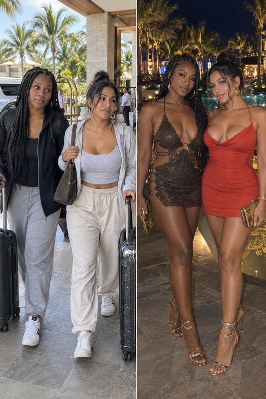Side-by-side diptych showing two friends in casual travel wear vs glamorous evening resort outfits for a vacation