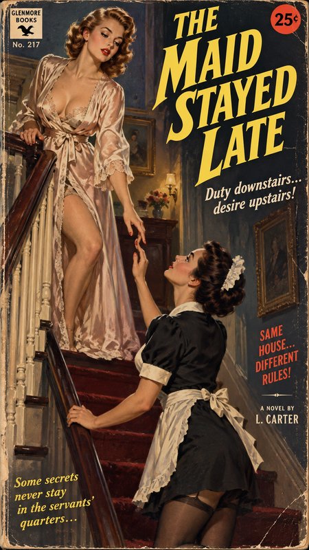 Retro pulp paperback cover for "The Maid Stayed Late" showing two women reaching for each other on a carpeted home staircase.