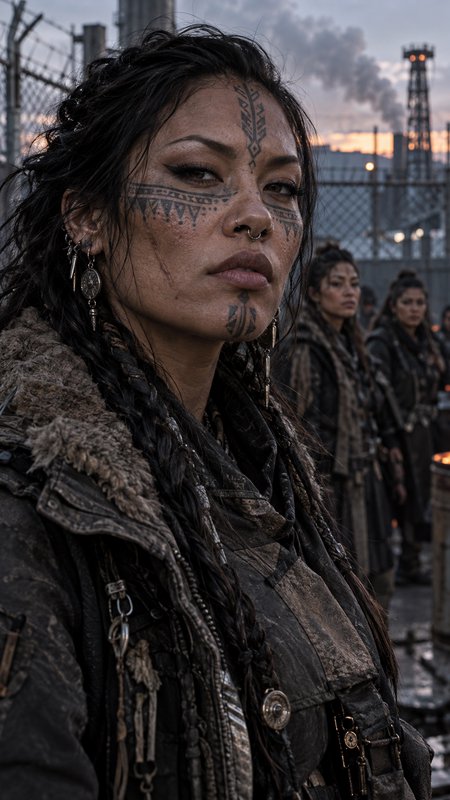Close-up stoic post-apocalyptic tribal woman with geometric facial tattoos, fur-lined jacket, industrial dystopian
