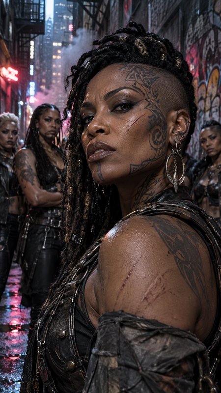 Fierce tattooed cyberpunk gang leader with locs stands at the front of her crew in a rainy neon-lit urban alley