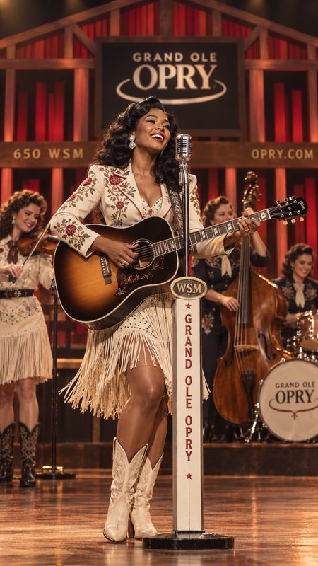 Female country singer plays acoustic guitar at vintage Grand Ole Opry WSM mic, with all-female backing band onstage.