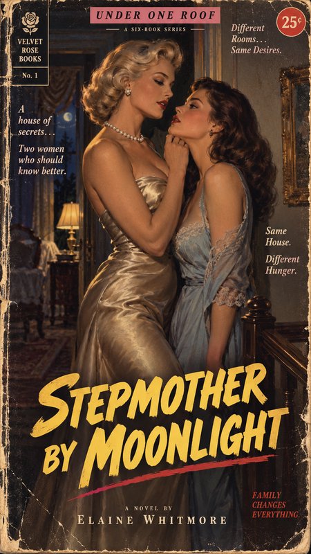 Vintage pulp fiction book cover for *Stepmother by Moonlight*, showing an intimate charged moment between two women on a