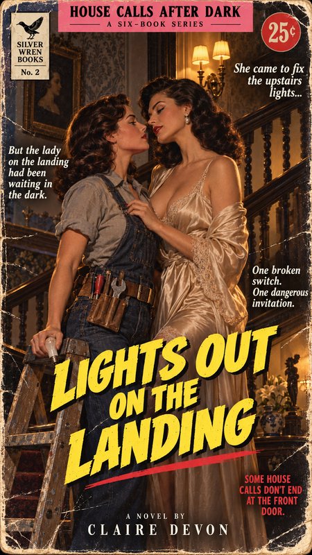 Vintage pulp paperback book cover for Lights Out on the Landing, showing two women in an intimate moment on a mansion