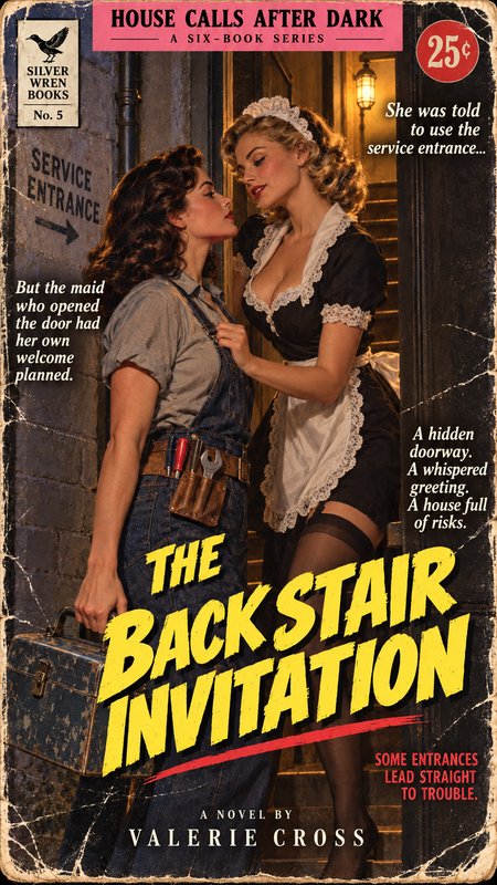 Retro pulp novel cover for 'The Back Stair Invitation', showing a handywoman and maid sharing an intimate moment at a