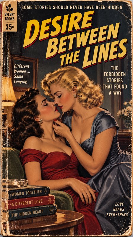 Vintage 1950s pulp fiction book cover "Desire Between the Lines" showing two women in an intimate close embrace
