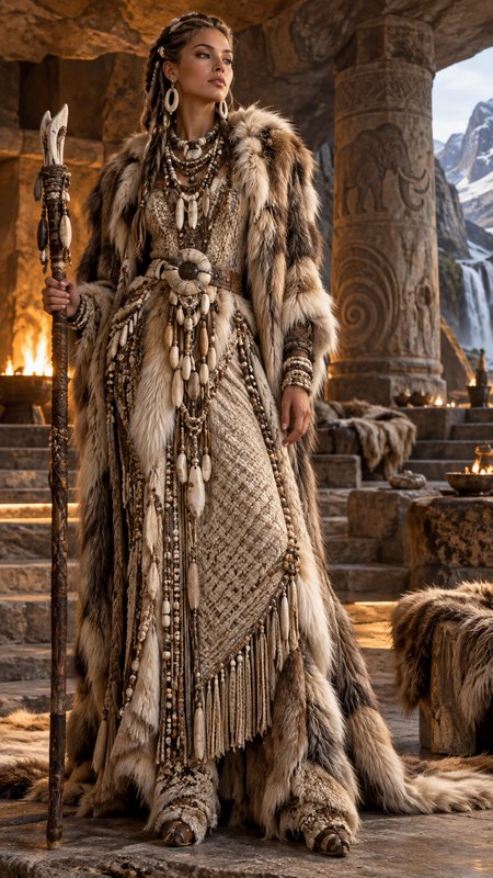 Regal ancient Norse tribal queen in fur and bone regalia holds a carved staff standing in a stone mountain temple hall.