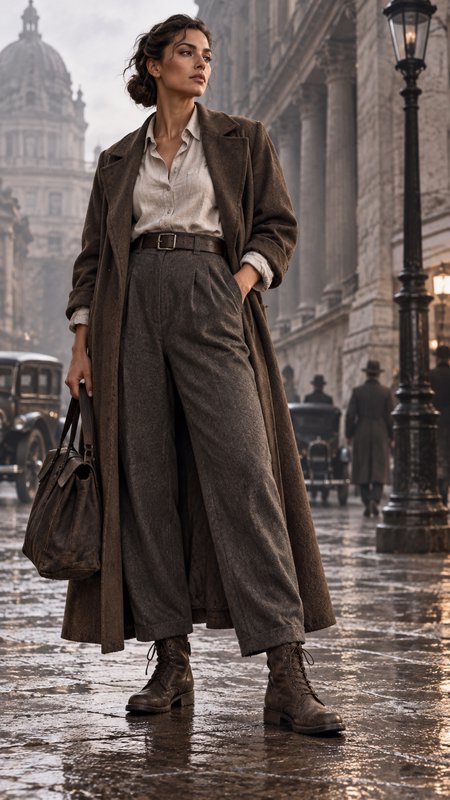 Woman in 1940s vintage wool trench coat stands on wet foggy historic city street holding a leather handbag