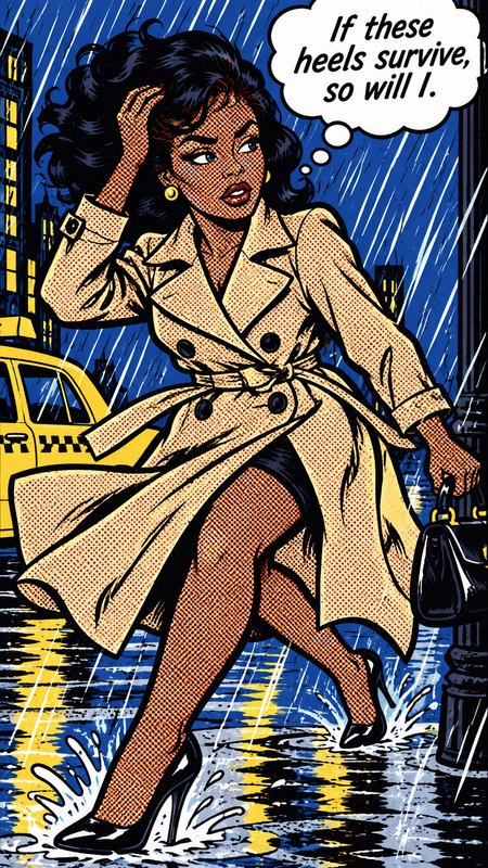 Pop art comic panel of a stylish woman walking through rainy city puddles, with a thought bubble about surviving in