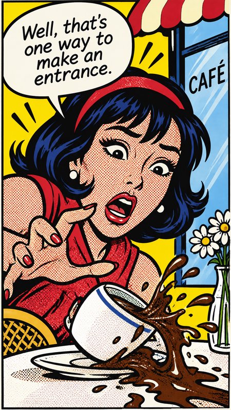 Retro pop art surprised woman spilling coffee at a cafe, speech bubble reads "Well, that's one way to make an entrance."