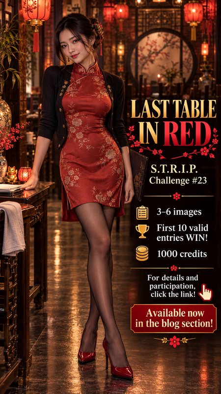 Promotional art challenge graphic featuring an elegant woman in a red floral qipao in a traditional lantern-lit Chinese