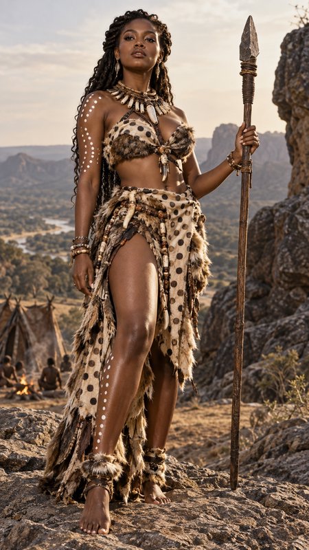 Regal tribal warrior woman holding a stone spear stands on a rocky savanna outcrop overlooking a village at golden sunset