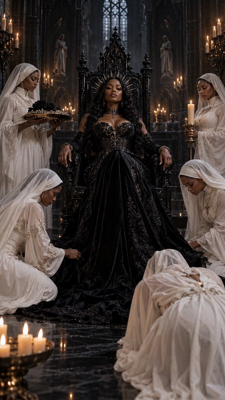Regal Black gothic queen sits on ornate carved throne, surrounded by kneeling white-robed attendants in candlelit cathedral.