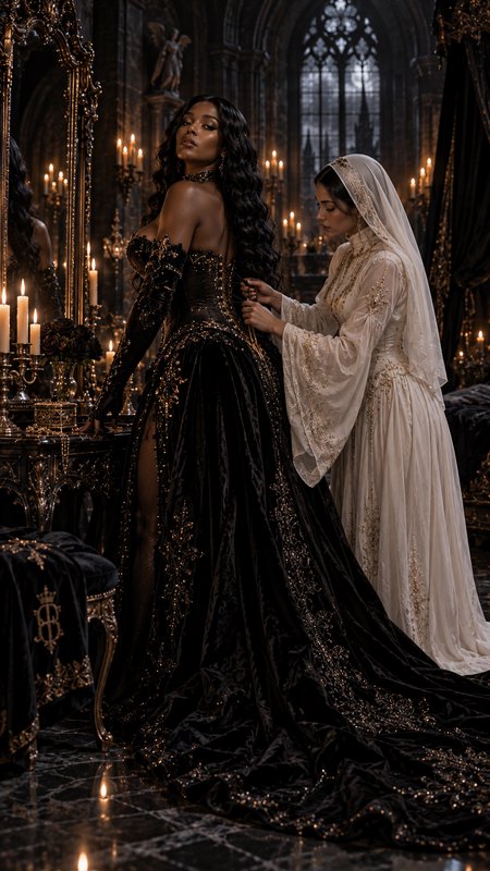 Handmaiden laces an ornate black gold gown for a noblewoman in a candlelit gothic royal bedchamber