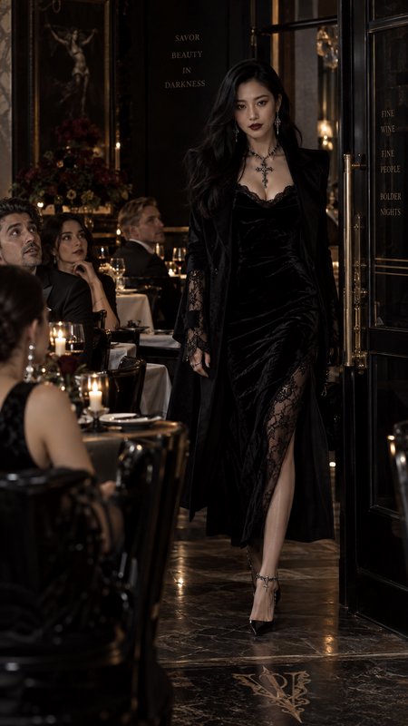 Glamorous elegant woman in black velvet lace gown enters dark upscale luxury restaurant as seated...