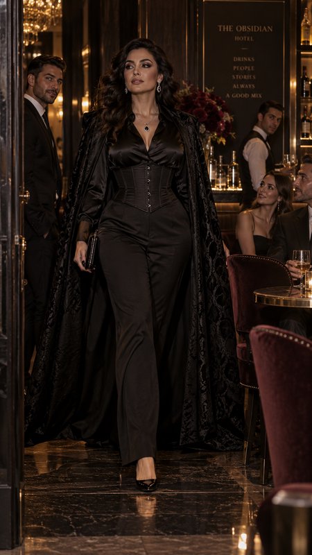 Glamorous woman in all-black formal couture walks confidently through a dim upscale luxury hotel ...