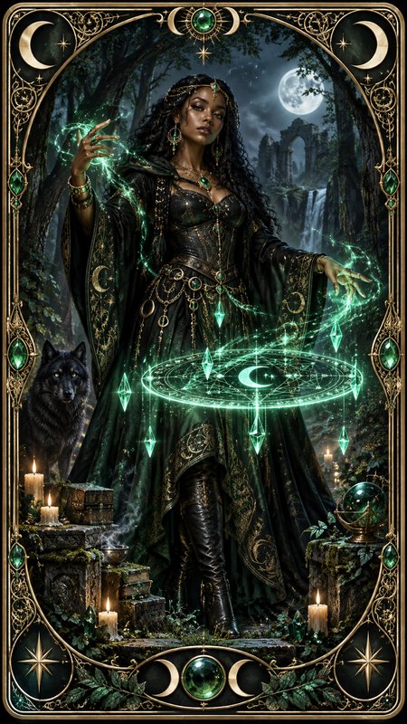 Ornate tarot card illustration of a powerful sorceress casting green magic, with a black wolf fam...