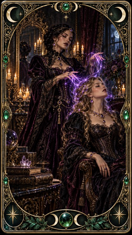 Ornate fantasy tarot card showing a sorceress casting glowing purple magic on a seated noblewoman...