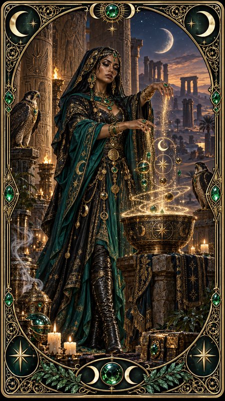 Ornate framed tarot illustration of a mystical sorceress casting a spell at an ancient desert tem...