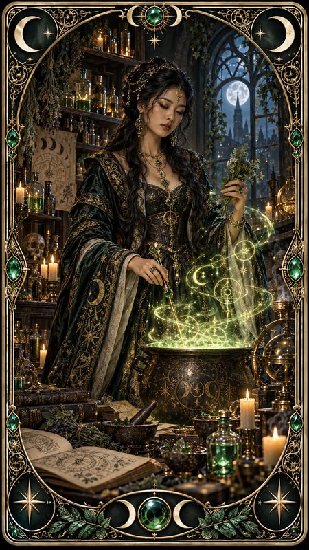 Ornate gilded tarot illustration of a sorceress brewing glowing magic in a cauldron in a moonlit ...