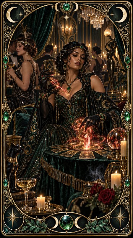 Art deco framed tarot illustration of a glamorous fortune teller conjuring magic at a 1920s luxur...