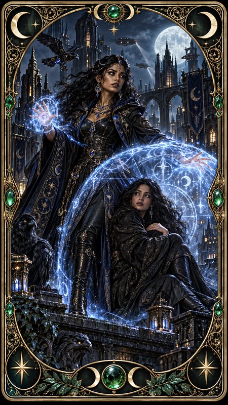 Ornate gilded fantasy tarot card of a celestial witch casting glowing blue magic, with her twin, ...