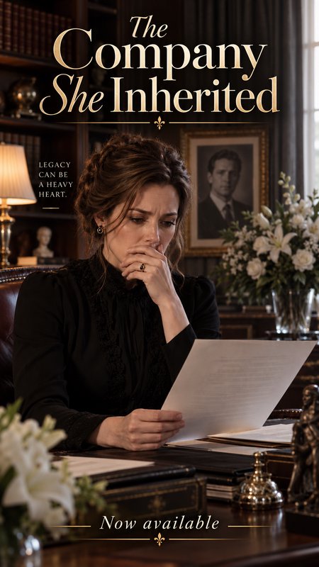 Promotional poster for *The Company She Inherited* showing a pensive woman reviewing paperwork in...