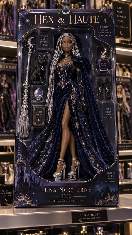 Hex & Haute Luna Nocturne adult collector witch fashion doll displayed in sealed packaging with c...