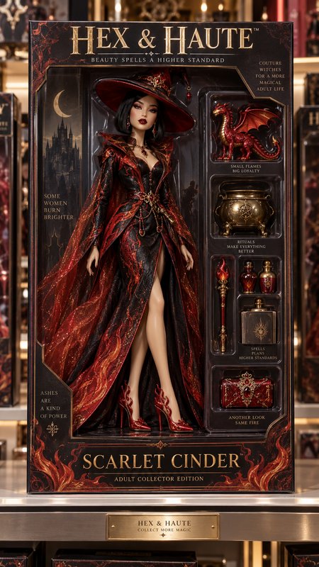 Hex & Haute Scarlet Cinder adult collector witch doll in retail packaging with matching fantasy a...