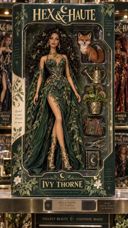 Hex & Haute Ivy Thorne nature witch collector doll displayed in decorative retail packaging with ...