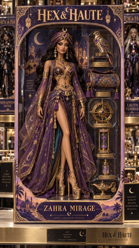 Hex & Haute Zahra Mirage luxury collector fashion doll in ornate purple-gold packaging with magic...