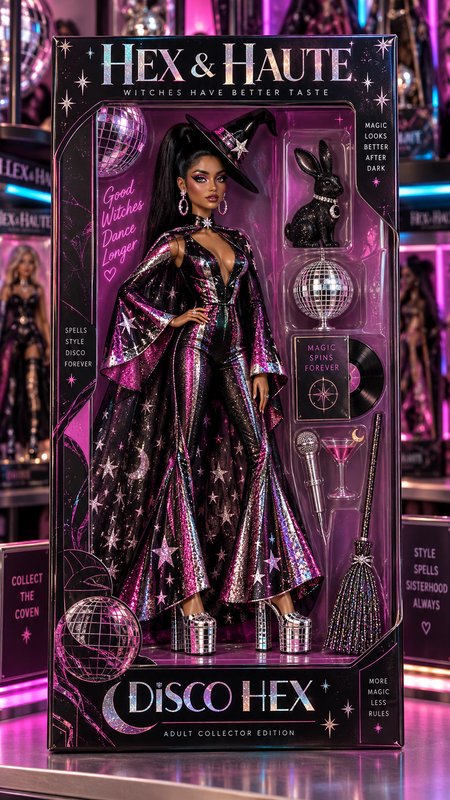 Hex & Haute Disco Hex collector witch fashion doll displayed in its branded retail packaging with...