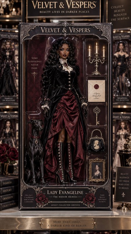Velvet & Vespers Lady Evangeline gothic collector fashion doll displayed in ornate themed packagi...