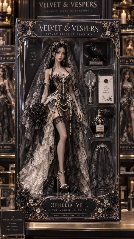 Boxed gothic mourning bride collector doll, Ophelia Veil, from the Velvet & Vespers dark fantasy ...