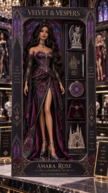 Velvet & Vespers Amara Rose gothic collector fashion doll in premium themed display packaging wit...
