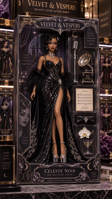 Velvet & Vespers Celeste Noir collector art deco fashion doll in sealed display packaging with vi...