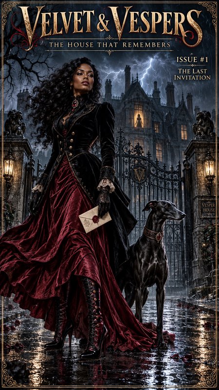 Gothic fantasy book cover: elegant woman in black and red Victorian gown stands with a black grey...