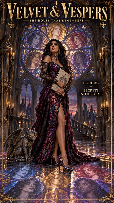 Fantasy book cover for Velvet & Vespers: The House That Remembers, featuring a woman in an ornate...