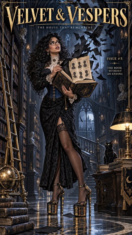 Velvet & Vespers gothic fantasy magazine cover, woman in Victorian attire holds a magical tome in...
