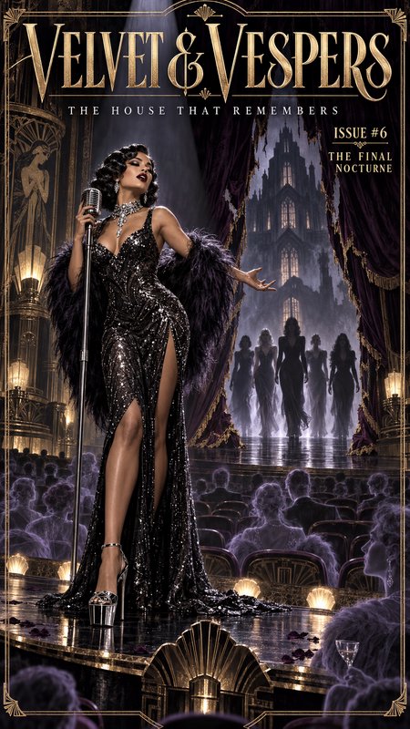 Art Deco fantasy comic cover of a glamorous 1920s cabaret singer performing for a ghostly grand t...
